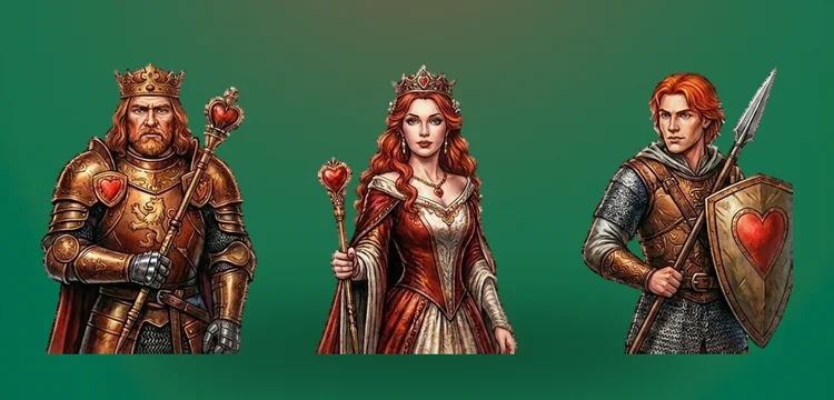 Rei, dama e valete de copas: corte europeia de armaduras e vestes vermelhas