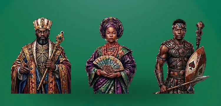 Rei, dama e valete de espadas: corte africana de mantos estampados