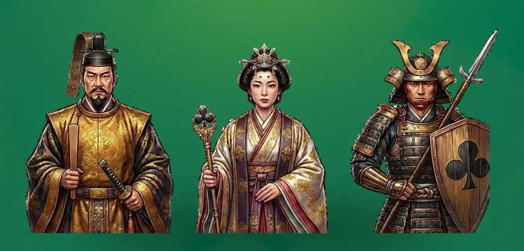 Rei, dama e valete de paus: corte japonesa com imperador, imperatriz e samurai