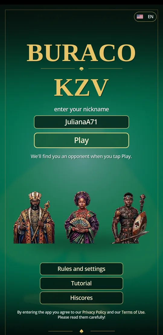 Buraco KZV start screen, with the nickname field and the court of spades