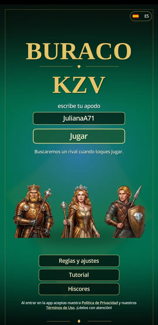Pantalla de inicio de Buraco KZV, con el campo de apodo y la corte de diamantes