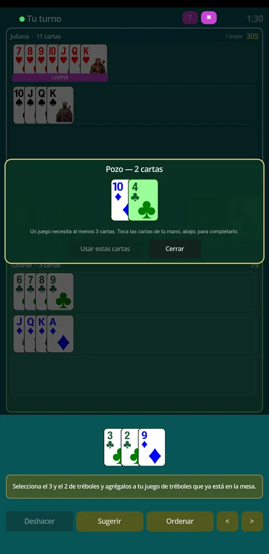 El pozo abierto, con las cartas que se pueden tomar