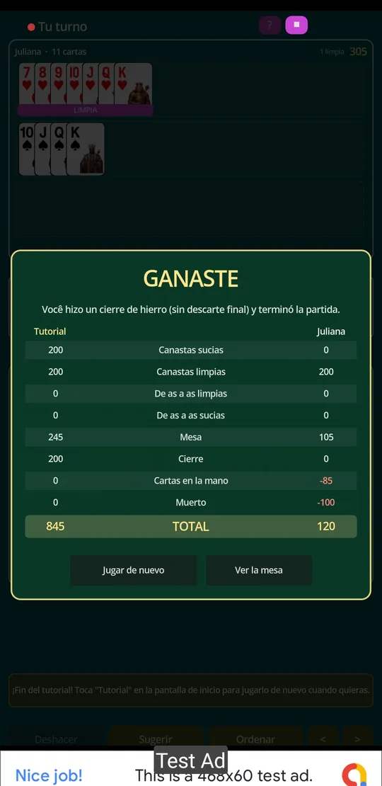 Pantalla de victoria con el marcador detallado por categoría