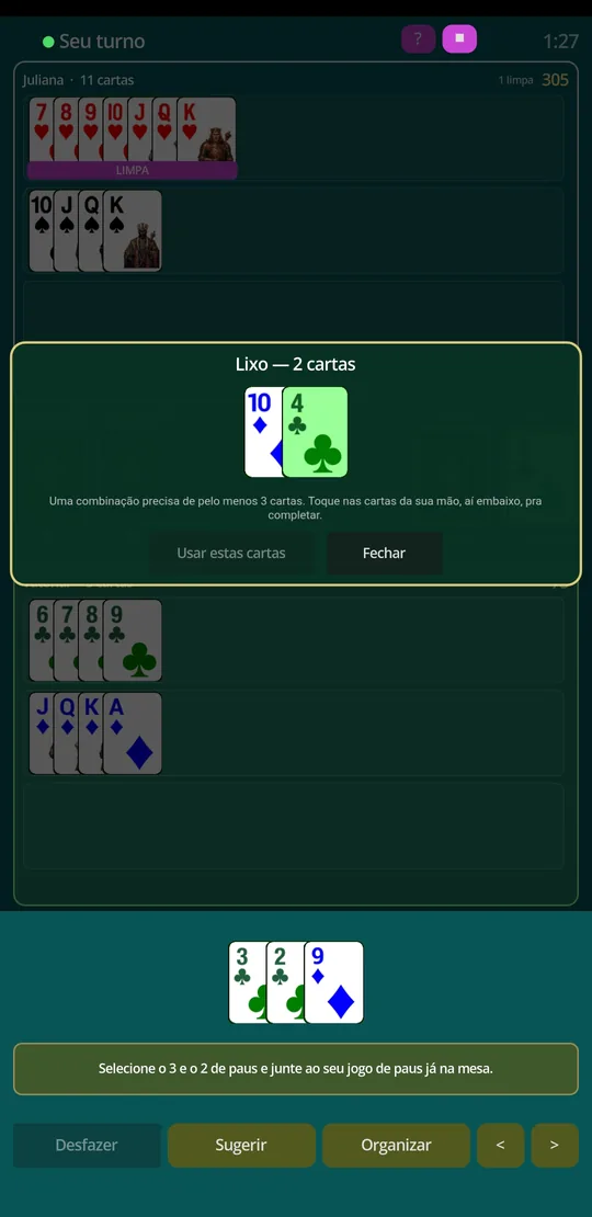 Lixo aberto, com as cartas que podem ser pegas