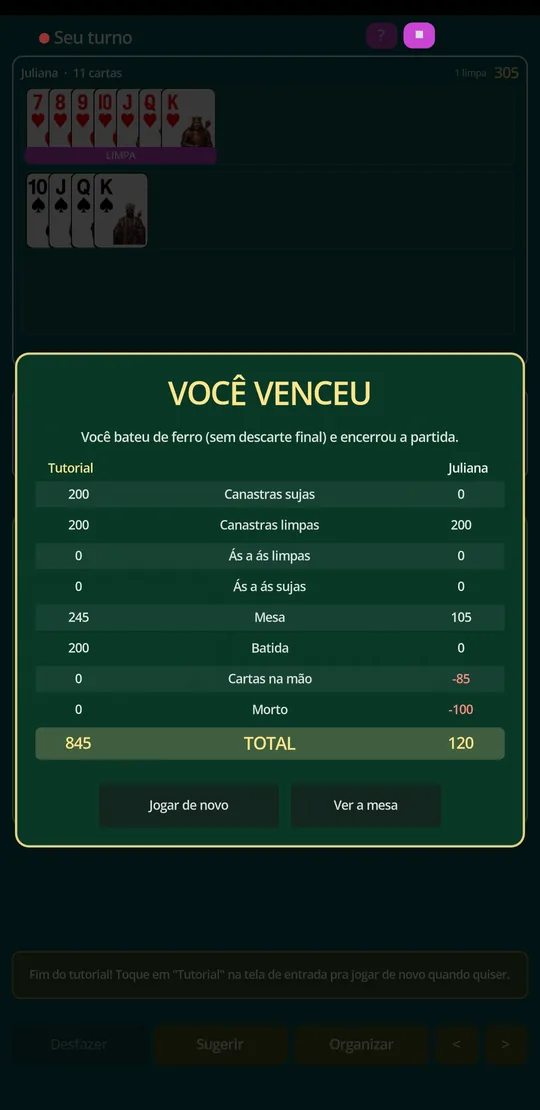 Tela de vitória com o placar detalhado por categoria